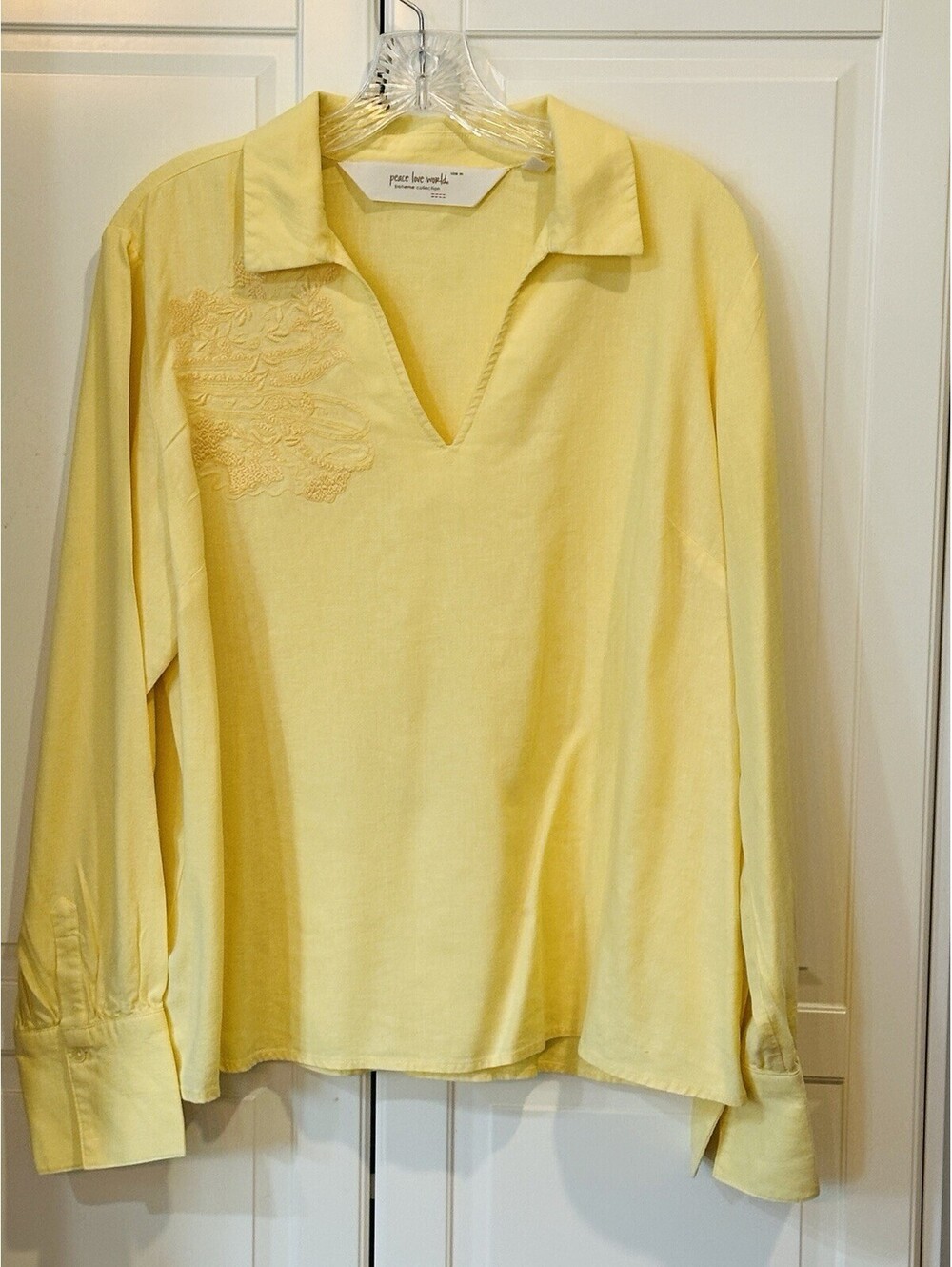 Peace Love World Yellow Long-Sleeve Collard Blouse With Floral Embroidery Size M